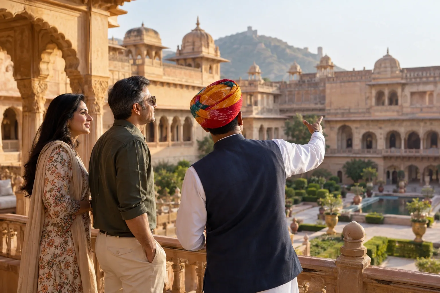 An Indian adult couple with a local guide looking across a beautiful Rajasthan sandstone palace courtyard, warm morning light, candid travel editorial photography.